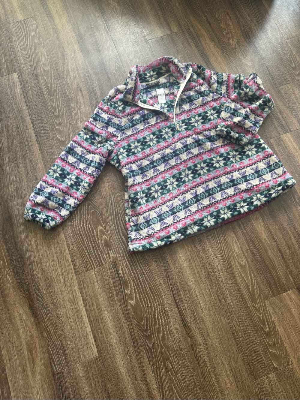 Cozy Pull-Over Fleece with Pink, Green & Navy Fair Isle Pattern